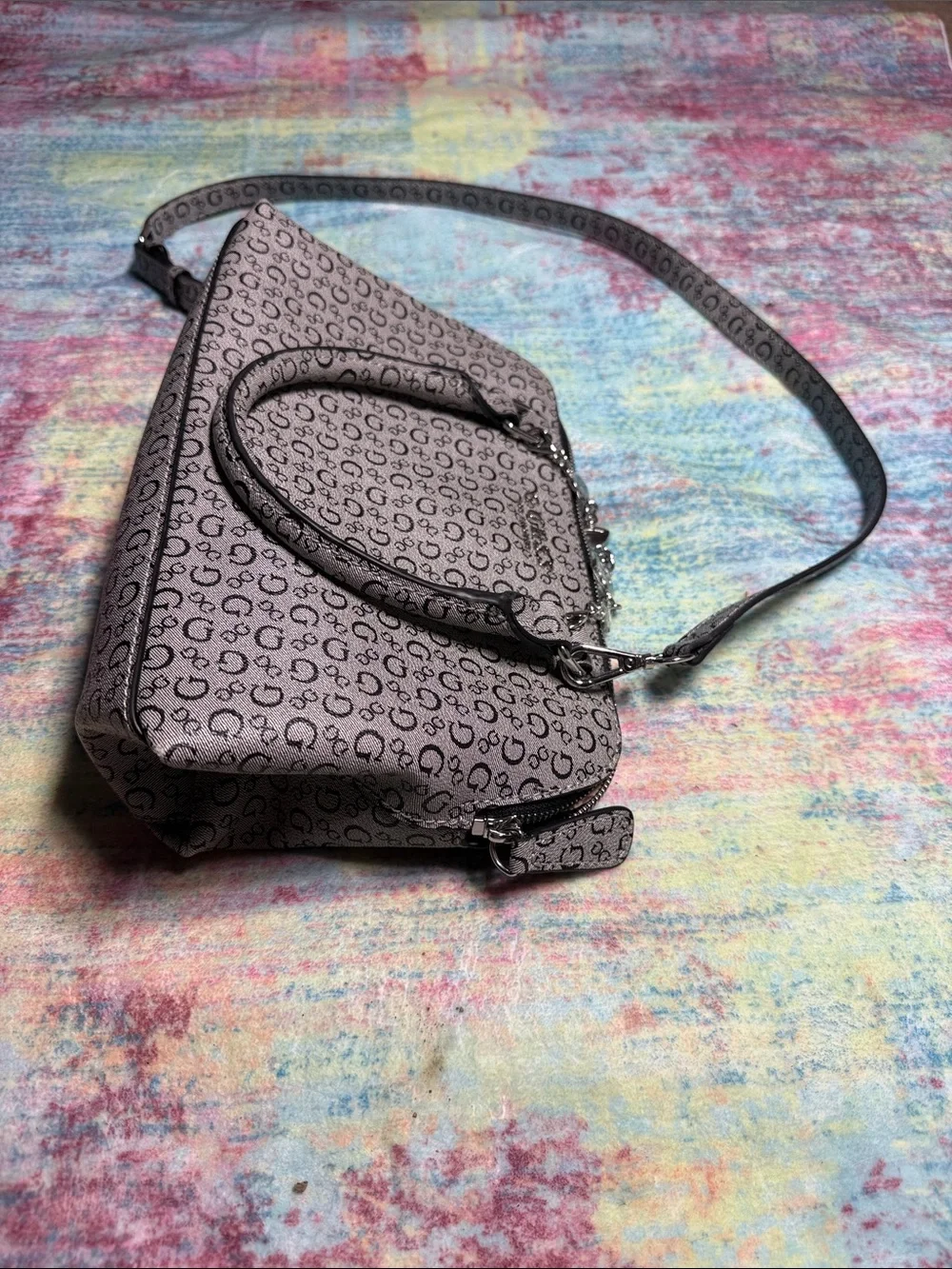 Guess Monogram Satchel in Taupe and Black